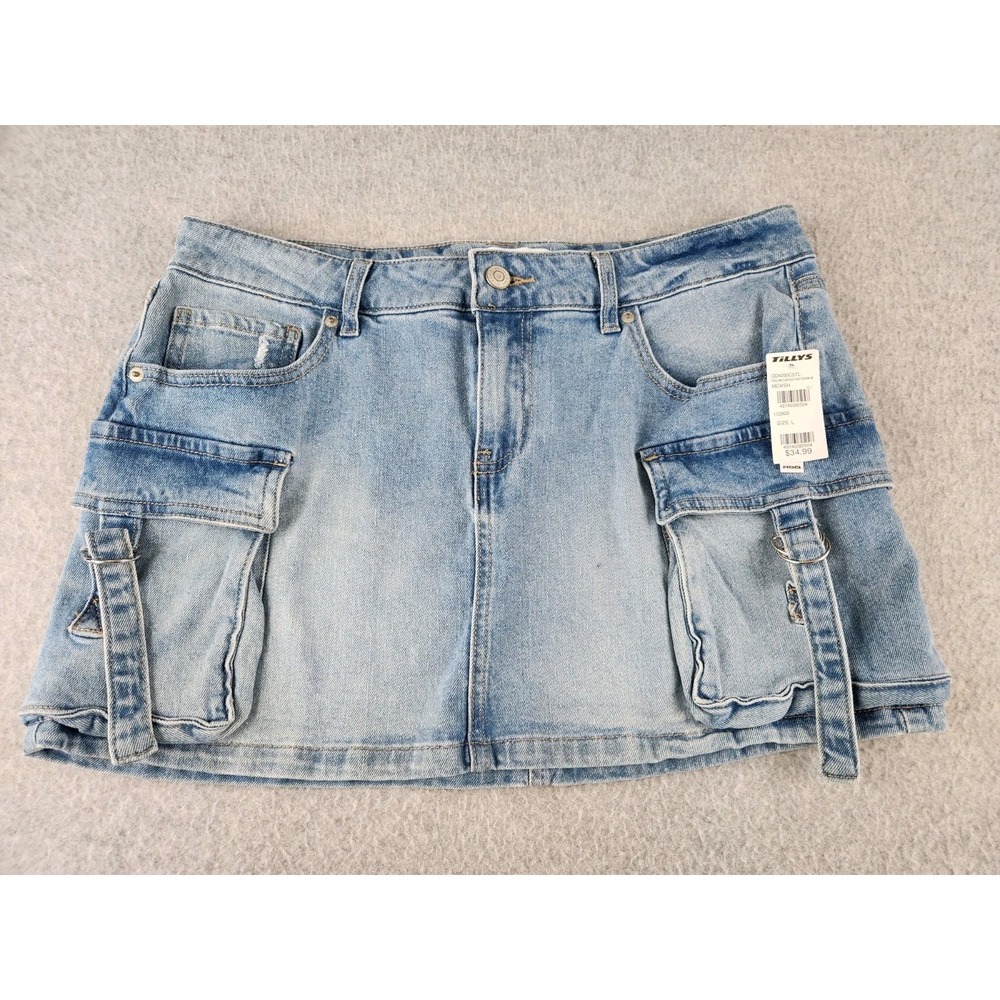NWT RSQ TILLY'S DENIM JEAN Micro MINI SKIRT Pocket‎ Buckles Faded Wash Stretch